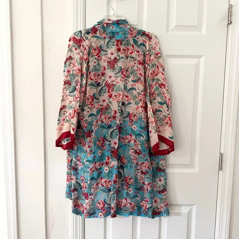 Johnny Was Jade Printed Blue Red Floral Print Cupra Rayon Kimono With Tie Medium